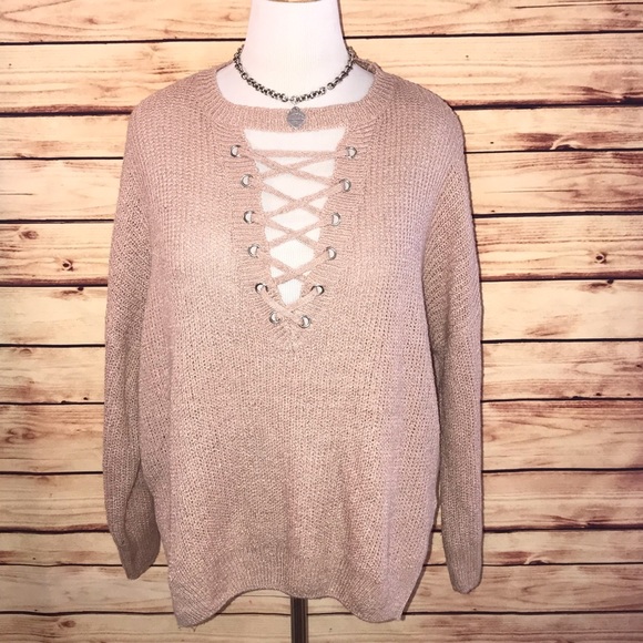 Charlotte Russe Sweaters - Charlotte Russe Blush Lace Up Lightweight Sweater